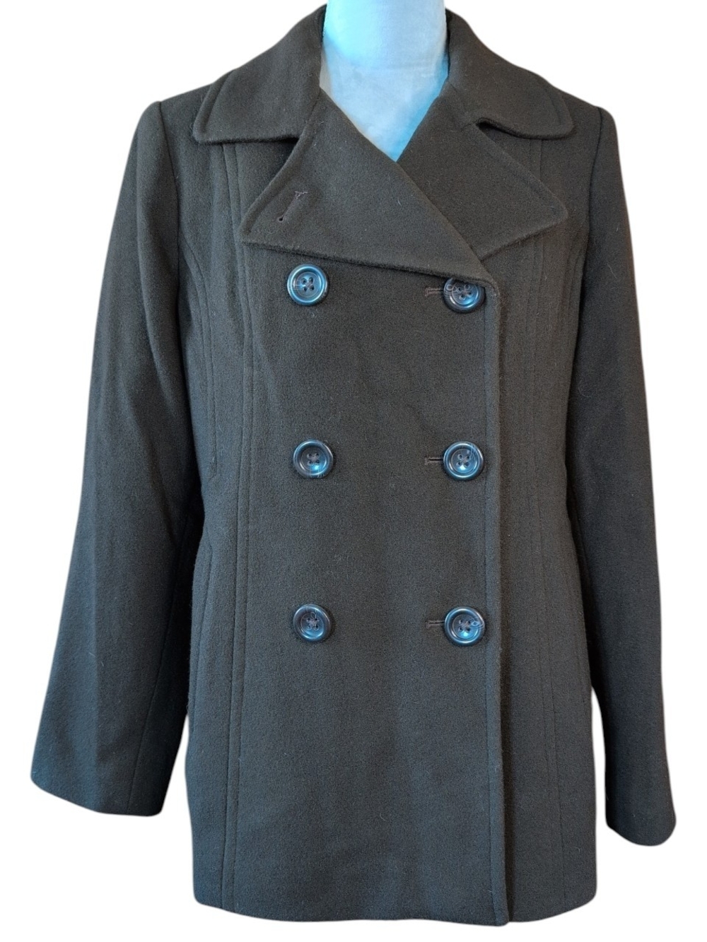Womens Double-Breasted Wool Peacoat - Dark Brown